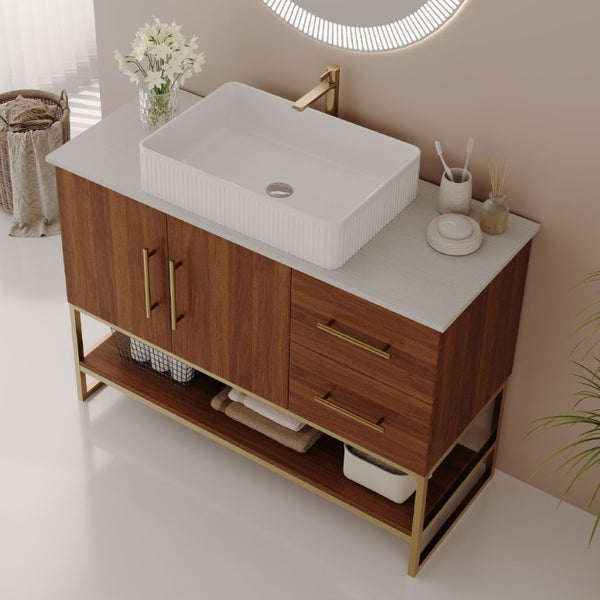 English Elm 36 Inch Freestanding Bathroom Vanity Set with Ceramic Vessel Sink and Gold Steel Base W3136S00129
