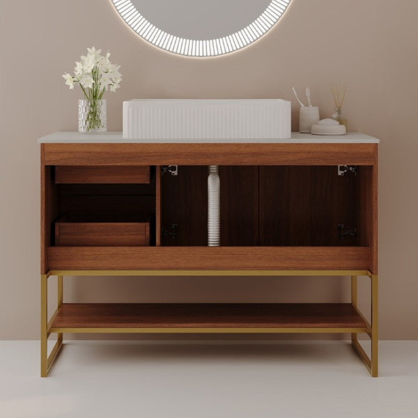 English Elm 36 Inch Freestanding Bathroom Vanity Set with Ceramic Vessel Sink and Gold Steel Base W3136S00129