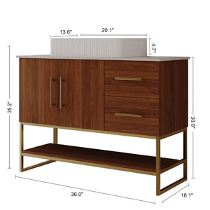 English Elm 36 Inch Freestanding Bathroom Vanity Set with Ceramic Vessel Sink and Gold Steel Base W3136S00129