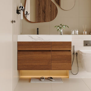 English Elm 36 Inch Floating Bathroom Vanity Solid Wood Cabinet with Sintered Stone Integrated Basin W3136S00130