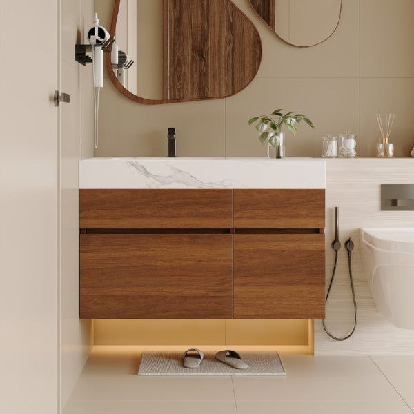 English Elm 36 Inch Floating Bathroom Vanity Solid Wood Cabinet with Sintered Stone Integrated Basin W3136S00130