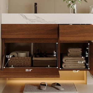 English Elm 36 Inch Floating Bathroom Vanity Solid Wood Cabinet with Sintered Stone Integrated Basin W3136S00130