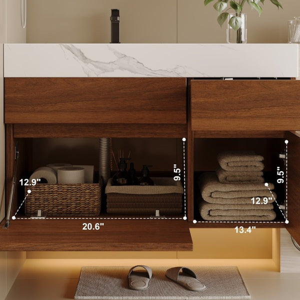 English Elm 36 Inch Floating Bathroom Vanity Solid Wood Cabinet with Sintered Stone Integrated Basin W3136S00130