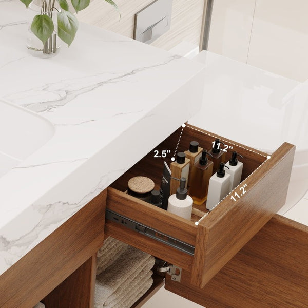 English Elm 36 Inch Floating Bathroom Vanity Solid Wood Cabinet with Sintered Stone Integrated Basin W3136S00130