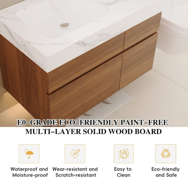 English Elm 36 Inch Floating Bathroom Vanity Solid Wood Cabinet with Sintered Stone Integrated Basin W3136S00130