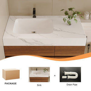 English Elm 36 Inch Floating Bathroom Vanity Solid Wood Cabinet with Sintered Stone Integrated Basin W3136S00130