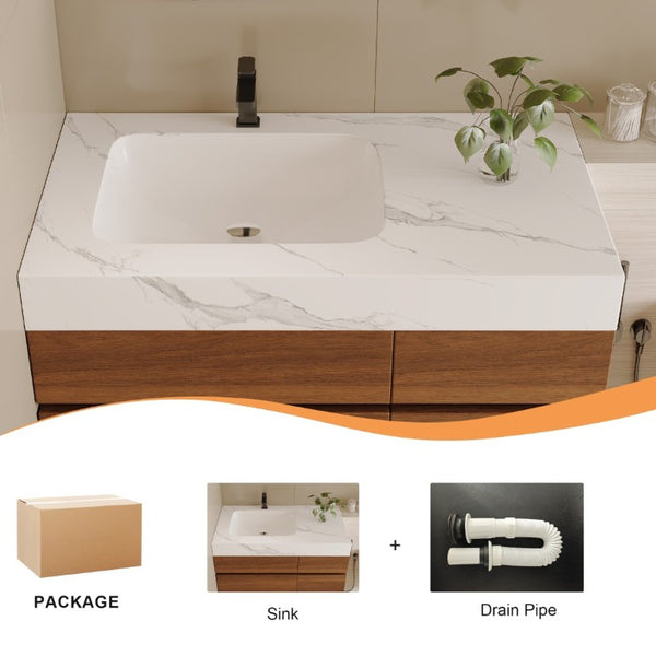 English Elm 36 Inch Floating Bathroom Vanity Solid Wood Cabinet with Sintered Stone Integrated Basin W3136S00130