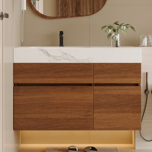 English Elm 36 Inch Floating Bathroom Vanity Solid Wood Cabinet with Sintered Stone Integrated Basin W3136S00130