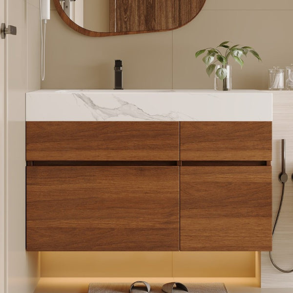 English Elm 36 Inch Floating Bathroom Vanity Solid Wood Cabinet with Sintered Stone Integrated Basin W3136S00130