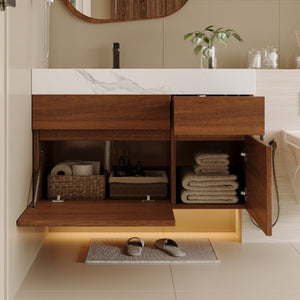 English Elm 36 Inch Floating Bathroom Vanity Solid Wood Cabinet with Sintered Stone Integrated Basin W3136S00130