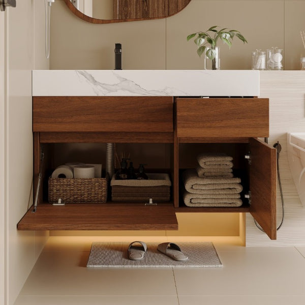 English Elm 36 Inch Floating Bathroom Vanity Solid Wood Cabinet with Sintered Stone Integrated Basin W3136S00130
