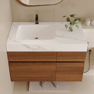 English Elm 36 Inch Floating Bathroom Vanity Solid Wood Cabinet with Sintered Stone Integrated Basin W3136S00130