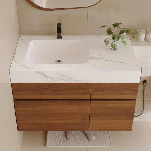 English Elm 36 Inch Floating Bathroom Vanity Solid Wood Cabinet with Sintered Stone Integrated Basin W3136S00130