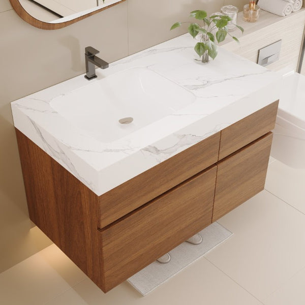 English Elm 36 Inch Floating Bathroom Vanity Solid Wood Cabinet with Sintered Stone Integrated Basin W3136S00130