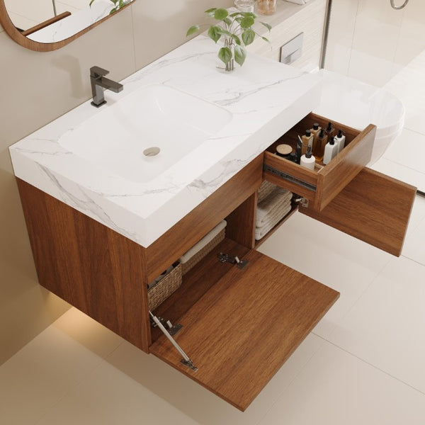 English Elm 36 Inch Floating Bathroom Vanity Solid Wood Cabinet with Sintered Stone Integrated Basin W3136S00130