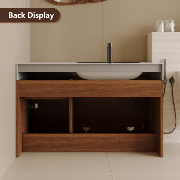 English Elm 36 Inch Floating Bathroom Vanity Solid Wood Cabinet with Sintered Stone Integrated Basin W3136S00130
