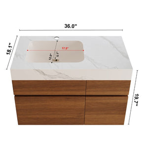 English Elm 36 Inch Floating Bathroom Vanity Solid Wood Cabinet with Sintered Stone Integrated Basin W3136S00130