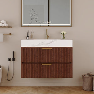 English Elm 30 Inch Floating Bathroom Vanity with Sintered Stone Basin and Soft Close Drawers Walnut, White - A W3136S00131