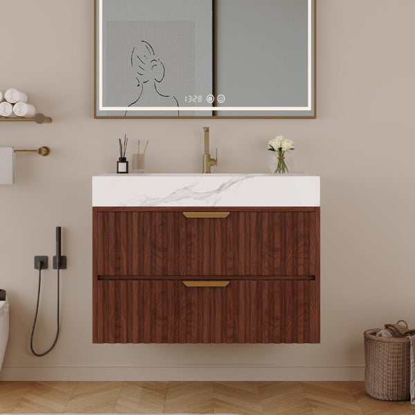 English Elm 30 Inch Floating Bathroom Vanity with Sintered Stone Basin and Soft Close Drawers Walnut, White - A W3136S00131