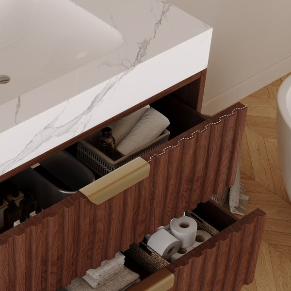 English Elm 30 Inch Floating Bathroom Vanity with Sintered Stone Basin and Soft Close Drawers Walnut, White - A W3136S00131
