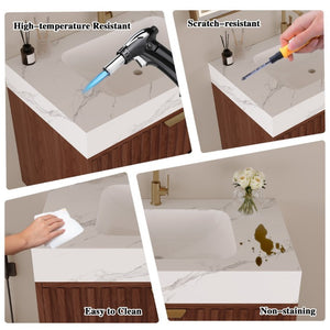 English Elm 30 Inch Floating Bathroom Vanity with Sintered Stone Basin and Soft Close Drawers Walnut, White - A W3136S00131