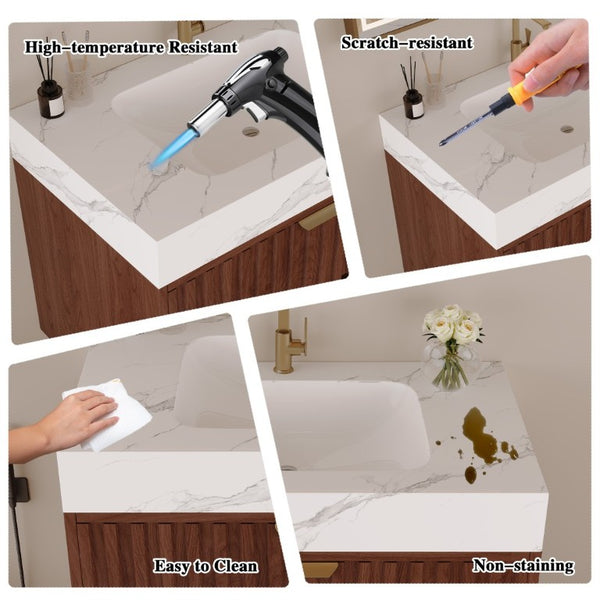 English Elm 30 Inch Floating Bathroom Vanity with Sintered Stone Basin and Soft Close Drawers Walnut, White - A W3136S00131