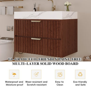 English Elm 30 Inch Floating Bathroom Vanity with Sintered Stone Basin and Soft Close Drawers Walnut, White - A W3136S00131