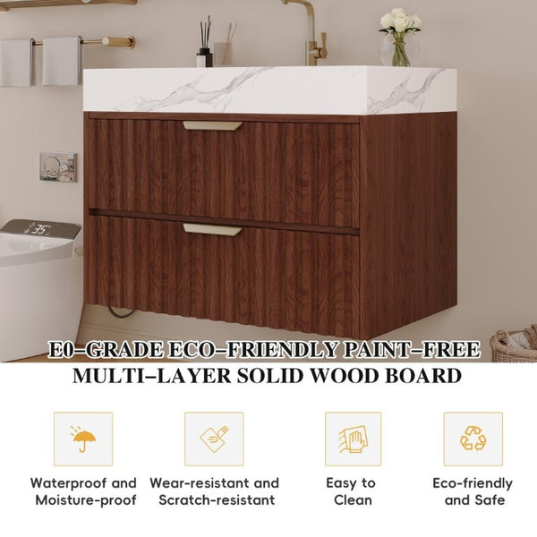 English Elm 30 Inch Floating Bathroom Vanity with Sintered Stone Basin and Soft Close Drawers Walnut, White - A W3136S00131