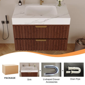 English Elm 30 Inch Floating Bathroom Vanity with Sintered Stone Basin and Soft Close Drawers Walnut, White - A W3136S00131