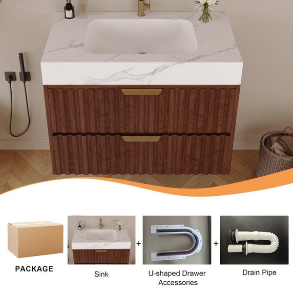 English Elm 30 Inch Floating Bathroom Vanity with Sintered Stone Basin and Soft Close Drawers Walnut, White - A W3136S00131