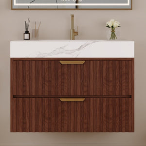 English Elm 30 Inch Floating Bathroom Vanity with Sintered Stone Basin and Soft Close Drawers Walnut, White - A W3136S00131