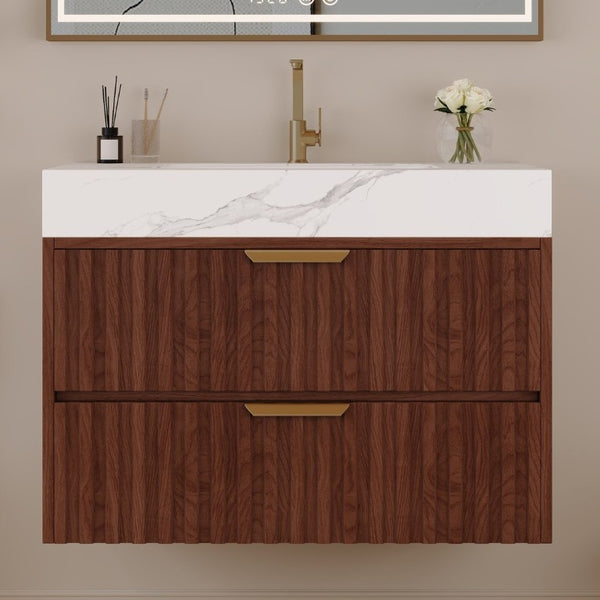 English Elm 30 Inch Floating Bathroom Vanity with Sintered Stone Basin and Soft Close Drawers Walnut, White - A W3136S00131