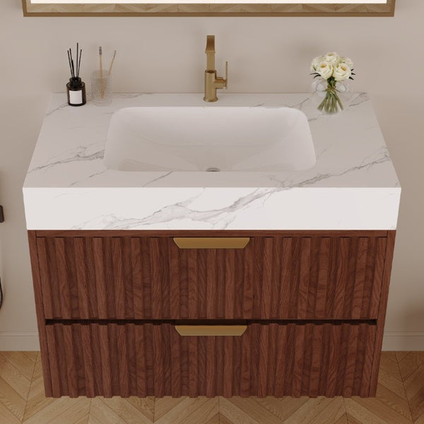English Elm 30 Inch Floating Bathroom Vanity with Sintered Stone Basin and Soft Close Drawers Walnut, White - A W3136S00131