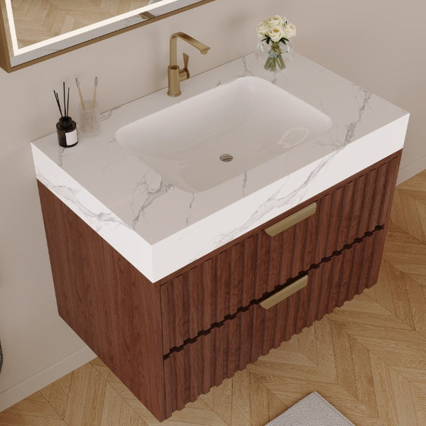 English Elm 30 Inch Floating Bathroom Vanity with Sintered Stone Basin and Soft Close Drawers Walnut, White - A W3136S00131