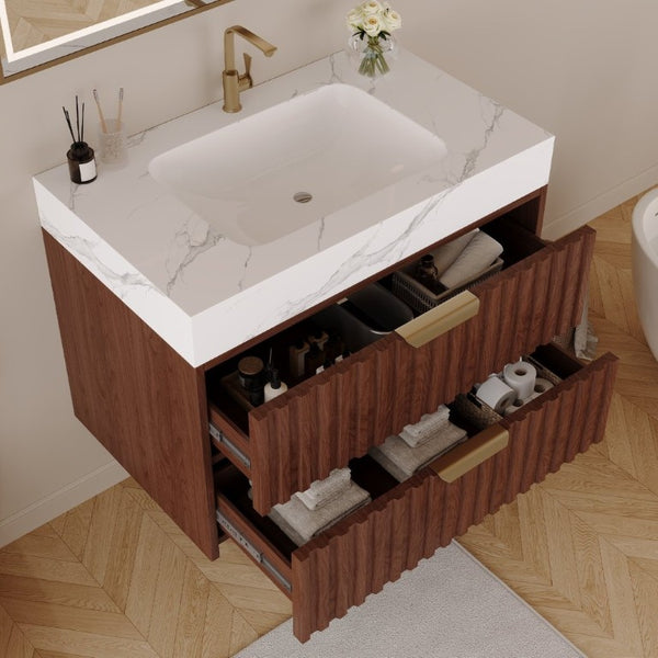 English Elm 30 Inch Floating Bathroom Vanity with Sintered Stone Basin and Soft Close Drawers Walnut, White - A W3136S00131