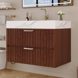 English Elm 30 Inch Floating Bathroom Vanity with Sintered Stone Basin and Soft Close Drawers Walnut, White - A W3136S00131