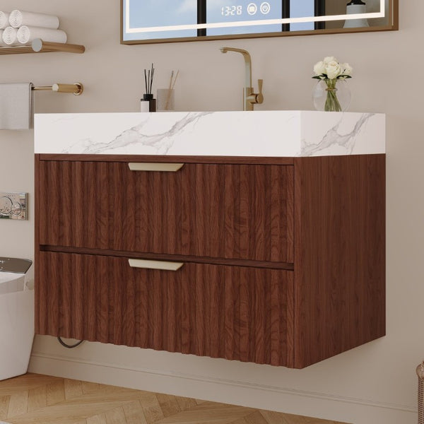 English Elm 30 Inch Floating Bathroom Vanity with Sintered Stone Basin and Soft Close Drawers Walnut, White - A W3136S00131