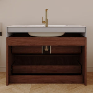 English Elm 30 Inch Floating Bathroom Vanity with Sintered Stone Basin and Soft Close Drawers Walnut, White - A W3136S00131