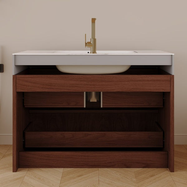 English Elm 30 Inch Floating Bathroom Vanity with Sintered Stone Basin and Soft Close Drawers Walnut, White - A W3136S00131