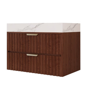 English Elm 30 Inch Floating Bathroom Vanity with Sintered Stone Basin and Soft Close Drawers Walnut, White - A W3136S00131