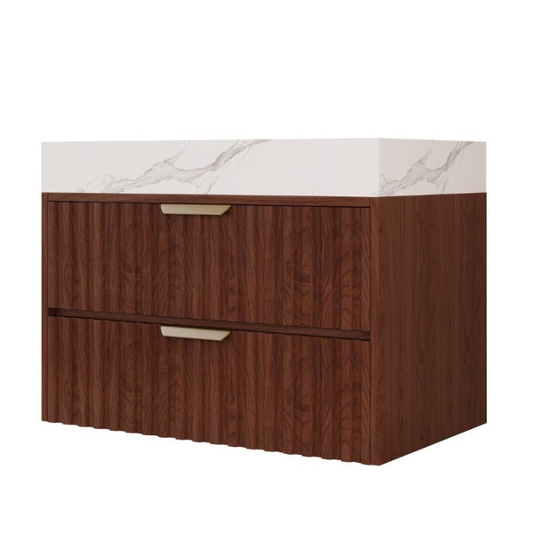 English Elm 30 Inch Floating Bathroom Vanity with Sintered Stone Basin and Soft Close Drawers Walnut, White - A W3136S00131