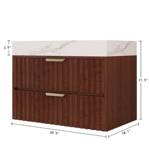 English Elm 30 Inch Floating Bathroom Vanity with Sintered Stone Basin and Soft Close Drawers Walnut, White - A W3136S00131