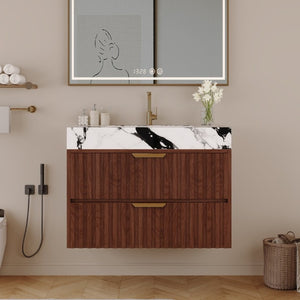 English Elm 30 Inch Floating Bathroom Vanity with Sintered Stone Basin and Soft Close Drawers Walnut, White - B W3136S00132