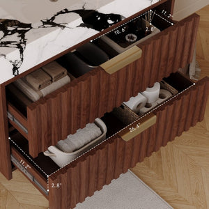 English Elm 30 Inch Floating Bathroom Vanity with Sintered Stone Basin and Soft Close Drawers Walnut, White - B W3136S00132