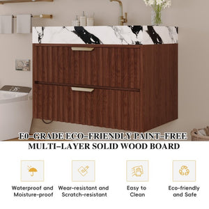 English Elm 30 Inch Floating Bathroom Vanity with Sintered Stone Basin and Soft Close Drawers Walnut, White - B W3136S00132