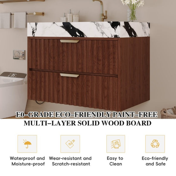 English Elm 30 Inch Floating Bathroom Vanity with Sintered Stone Basin and Soft Close Drawers Walnut, White - B W3136S00132