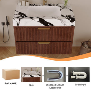 English Elm 30 Inch Floating Bathroom Vanity with Sintered Stone Basin and Soft Close Drawers Walnut, White - B W3136S00132
