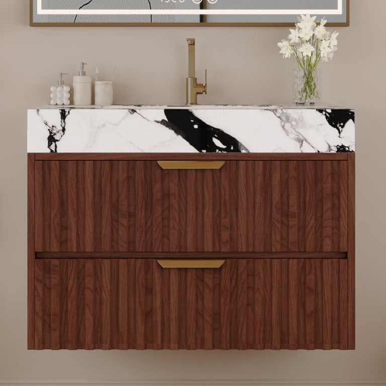 English Elm 30 Inch Floating Bathroom Vanity with Sintered Stone Basin and Soft Close Drawers Walnut, White - B W3136S00132