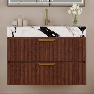 English Elm 30 Inch Floating Bathroom Vanity with Sintered Stone Basin and Soft Close Drawers Walnut, White - B W3136S00132