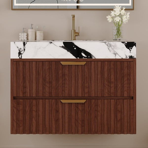 English Elm 30 Inch Floating Bathroom Vanity with Sintered Stone Basin and Soft Close Drawers Walnut, White - B W3136S00132